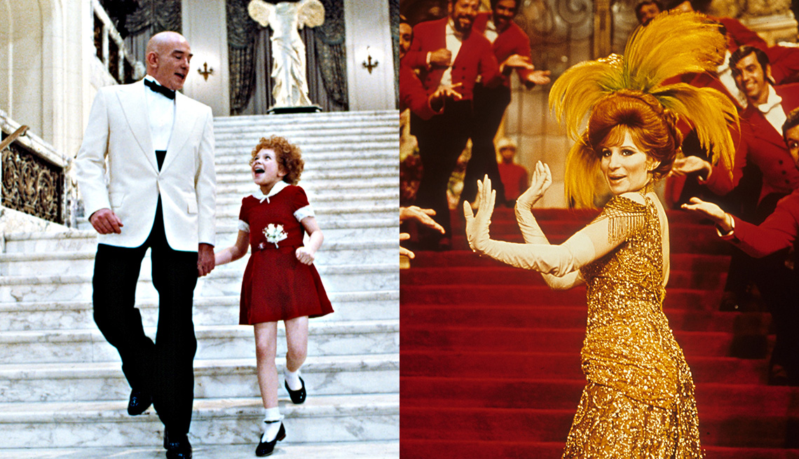 Albert Finney and Aileen Quinn walking down a stairway in the film Annie and Barbra Streisand performing in a scene in the film Hello, Dolly!
