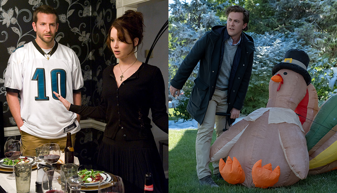 Bradley Cooper and Jennifer Lawrence in a scene from Silver Linings Playbook and Alex Moffat in the film Holidate