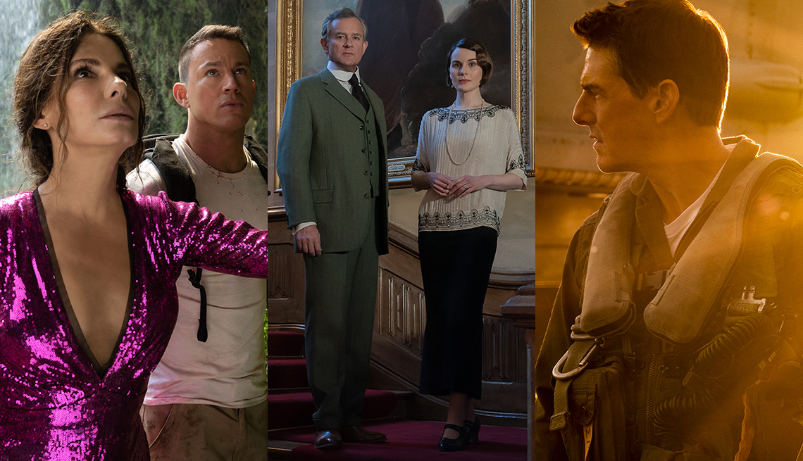 Side by side images of Sandra Bullock and Channing Tatum starring in The Lost City, Hugh Bonneville and Michelle Dockery in Downton Abbey A New Era and Tom Cruise in Top Gun Maverick
