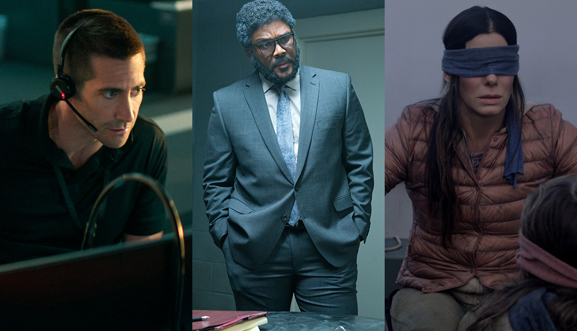 Side by side images of Jake Gyllenhaal, Tyler Perry and Sandra Bullock in Netflix films