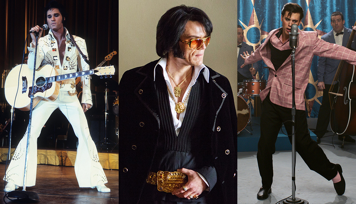 Side by side images of Kurt Russell Michael Shannon and Austin Butler portraying Elvis Presley in various films