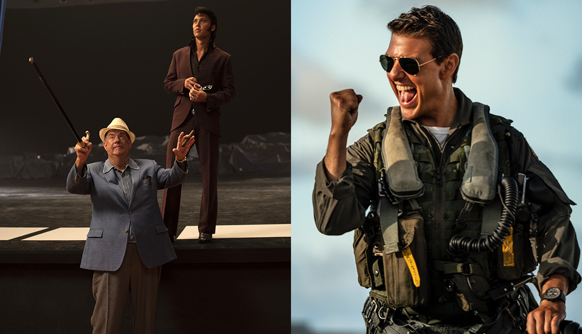 Tom Hanks and Austin Butler star in the film Elvis and Tom Cruise shakes his fist in celebration in Top Gun Maverick