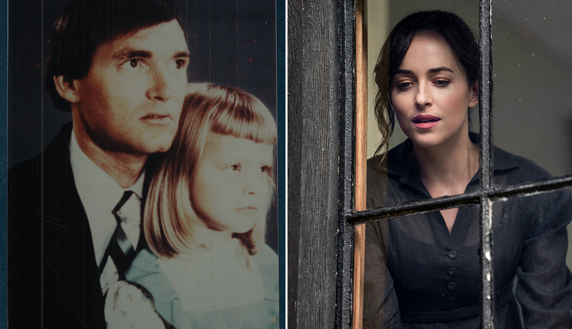 A picture of a man and young girl shown in Girl in the Picture and Dakota Johnson stars as Anne Elliot in Persuasion