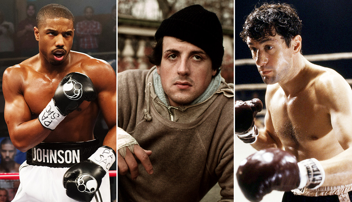 Michael B Jordan in a boxing scene in Creed, Sylvester Stallone in workout gear in Rocky and Robert De Niro in a boxing scene in Raging Bull