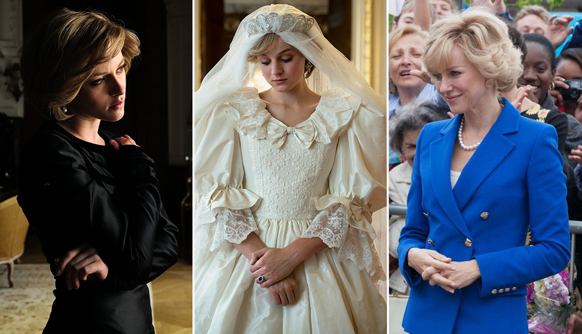 Kristen Stewart, Emma Corrin and Naomi Watts all in scenes from films and shows portraying Princess Diana