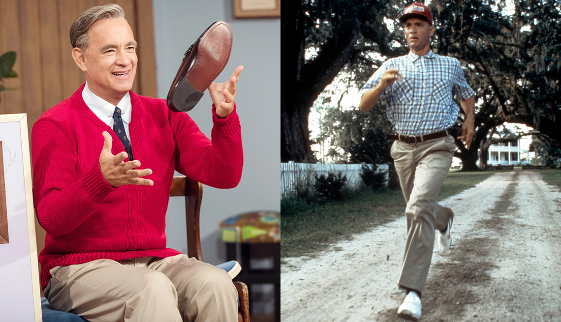 Tom Hanks starring as Fred Rogers in A Beautiful Day in the Neighborhood and as Forrest Gump in the film Forrest Gump