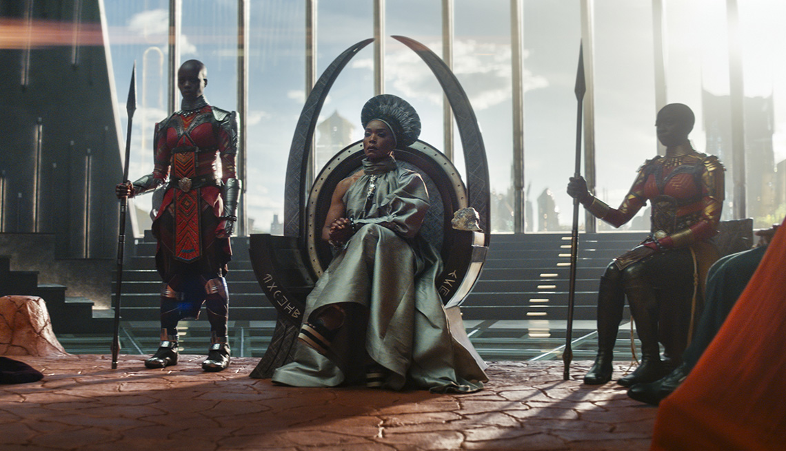 Florence Kasumba, Angela Bassett and Danai Gurira in a scene from the film Black Panther Wakanda Forever