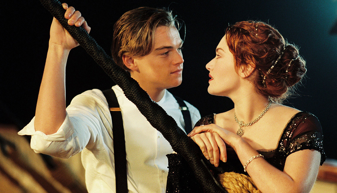 Leonardo DiCaprio and Kate Winslet looking at each other in the film Titanic
