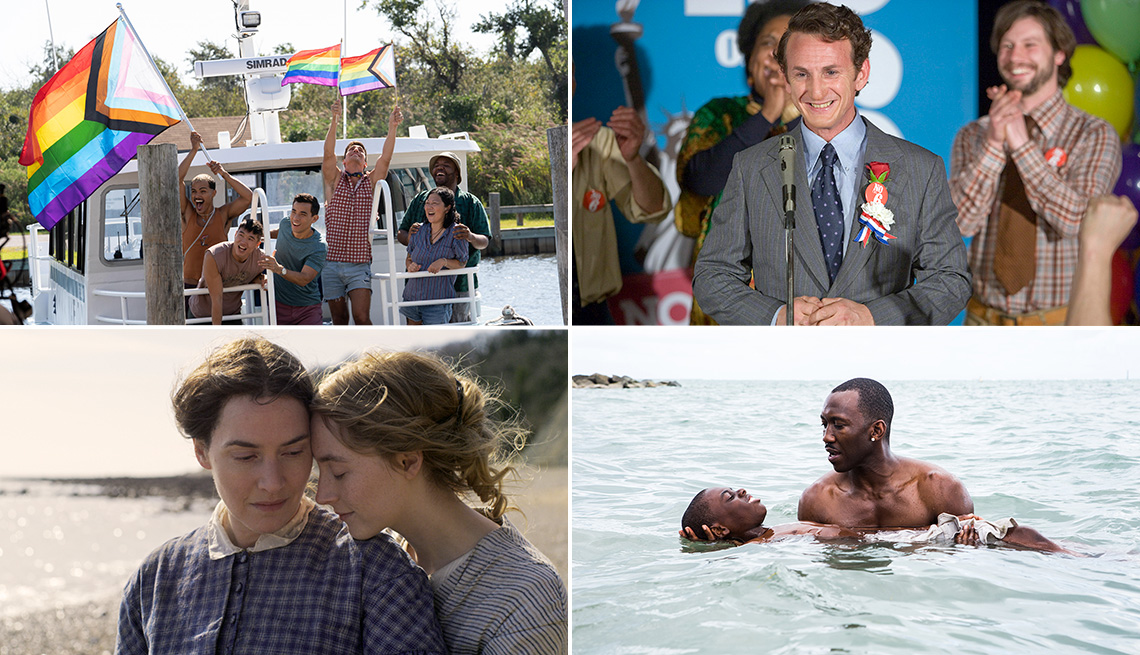 The cast of Fire Island waving Pride flags on a boat; Sean Penn stars as Harvey Milk in Milk; Mahershala Ali holds Alex R Hibbert above water in Moonlight; Kate Winslet and Saoirse Ronan lean their faces towards each other in Ammonite