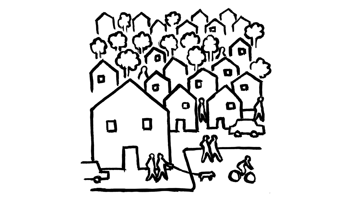 Illustration Showing Rows Of Houses In Neighborhood With People Walking Dogs And On Bicycles In Neighborhood, Disrupt Aging Where We Live Checklist