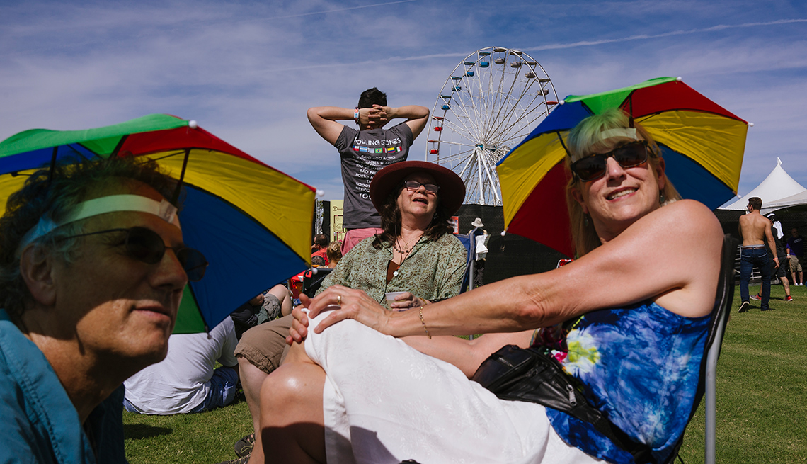 outside the gates of Desert Trip, in Indio, California, where fans are lining up to get in to the three-day music festival 