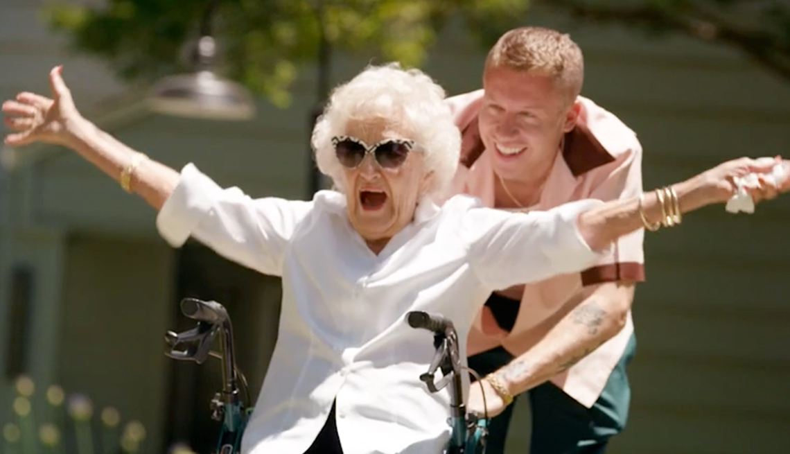 Macklemore and his grandmother in a still from the video for the song 'Glorious'