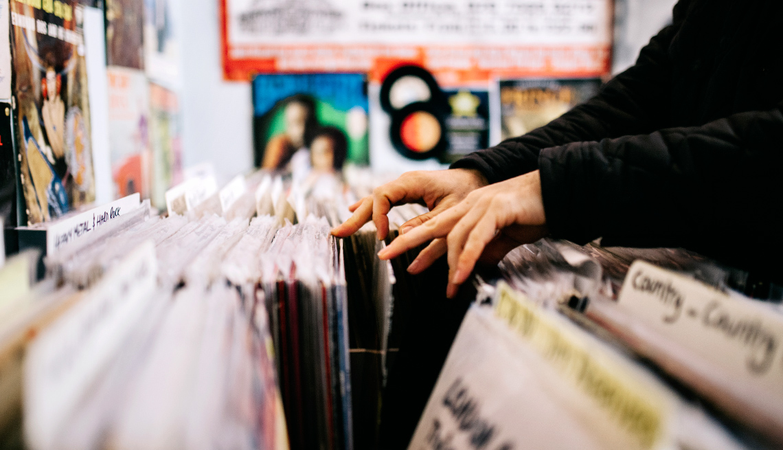 Looking through vinyl albums in a record store
