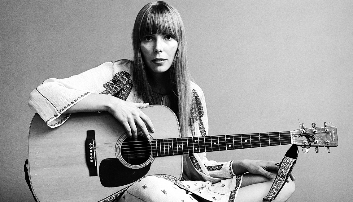 Joni Mitchell holding a guitar in 1968.