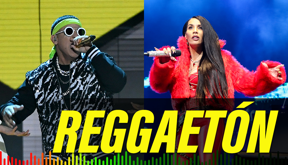 item 9 of Gallery image - Split image of Daddy Yankee performing in 2019 and Ivy Queen performing on 2017, with the label Reggaeton