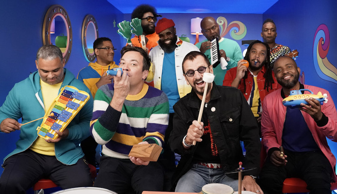 item 16 of Gallery image - (l-r) Host Jimmy Fallon and Ringo Starr during "Yellow Submarine Classroom Instruments" with The Roots on September 24, 2019