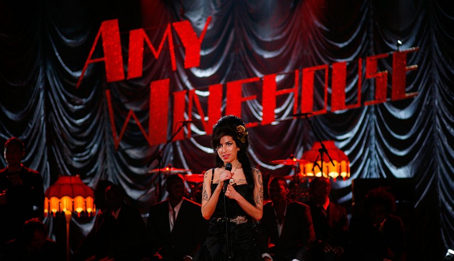 Amy Winehouse performs at the Riverside Studios for the 50th Grammy Awards ceremony via video link on February 10, 2008 in London, England