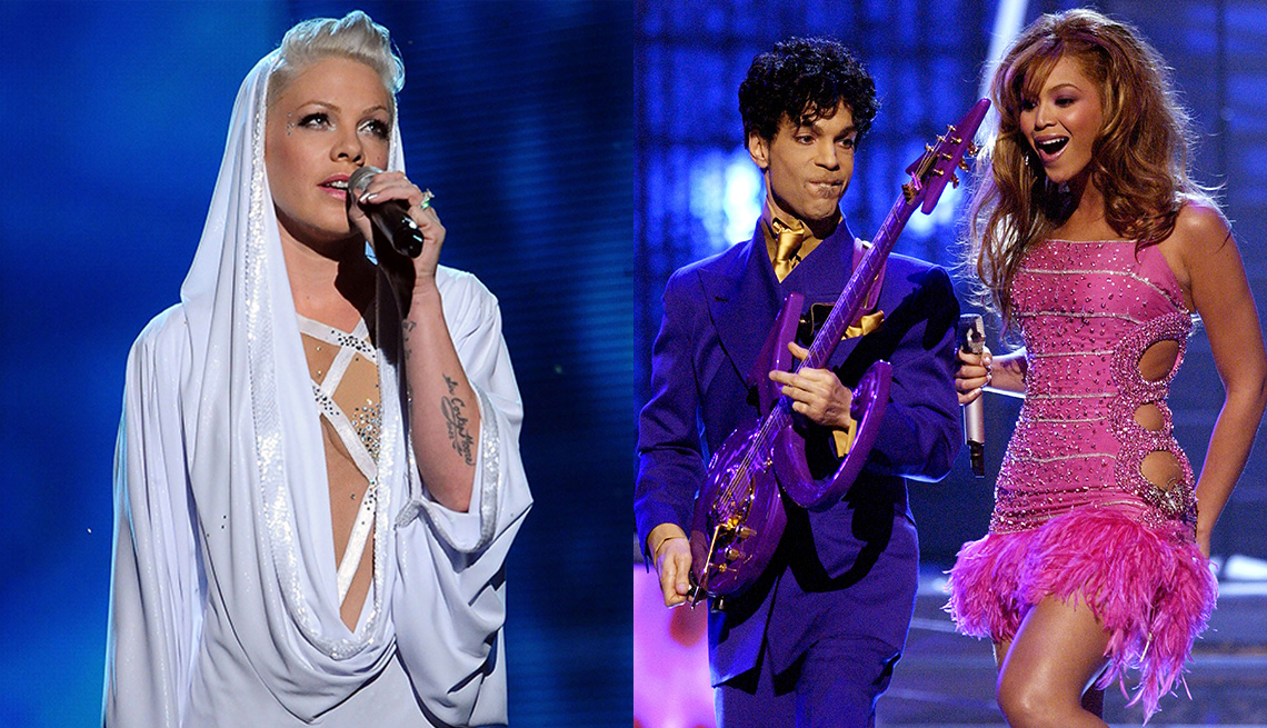 Imágenes una al lado de la otra de Pink actuando en los Premios Grammy en 2010 y la actuación de Prince y Beyonce en los Premios Grammy en 2004.