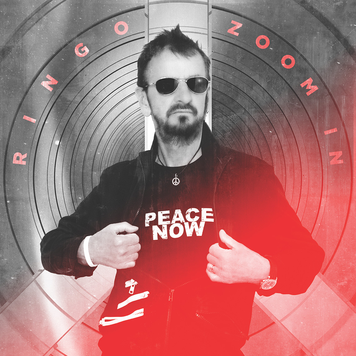 Ringo Starr wearing a Peace Now shirt for the cover art of his EP Zoom In