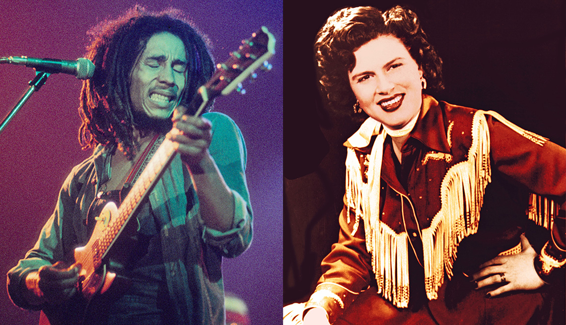 Bob Marley playing the guitar onstage and Patsy Cline posing for a promotional photo