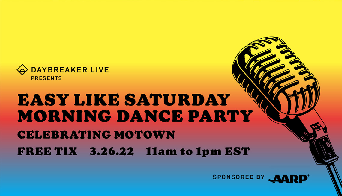 A graphic with an image of a microphone for the Daybreaker Live Presents Easy Like Saturday Morning Dance Party