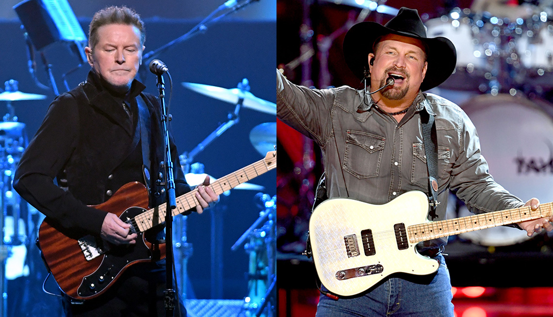 Side by side images of Don Henley and Garth Brooks performing with their electric guitars in concert