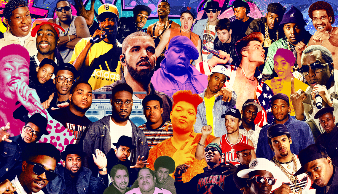 Un collage de fotos de personalidades famosas en la historia del rap y el hip hop.