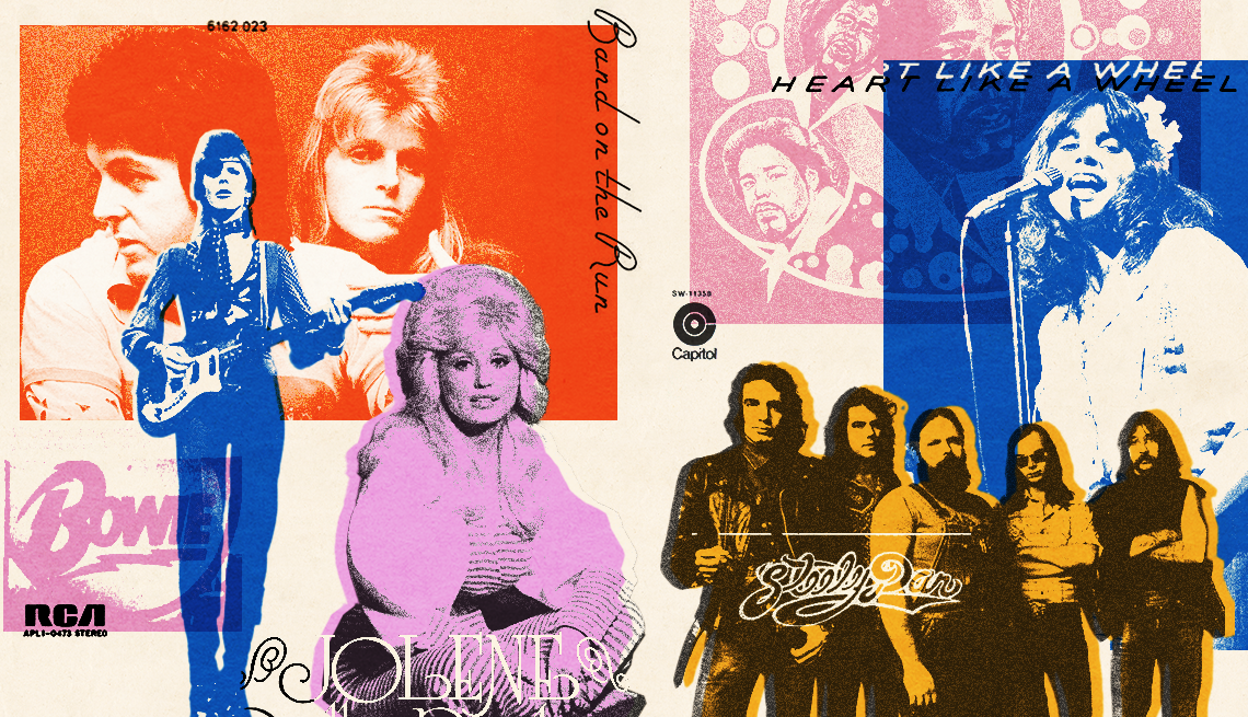 Foto montaje de portadas de álbumes de 1974 de artistas como Paul McCartney, Dolly Parton, David Bowie y Steely Dan.