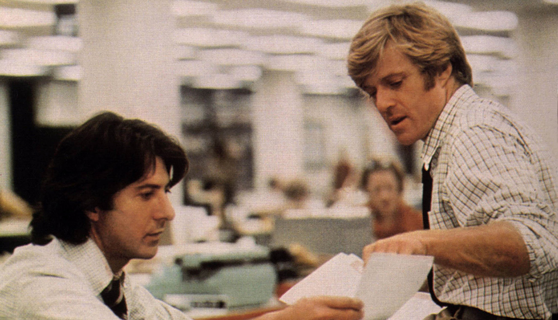 Movie Still From All The President's Men, Actors Robert Redford And Dustin Hoffman, Movies, AARP Entertainment, Essential Boomer Movies