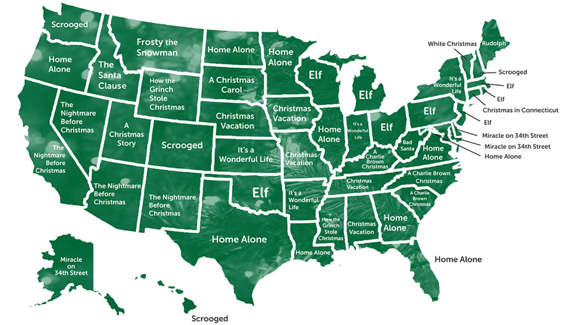 Map of the United States with the title of the most popular Christmas movie for each state