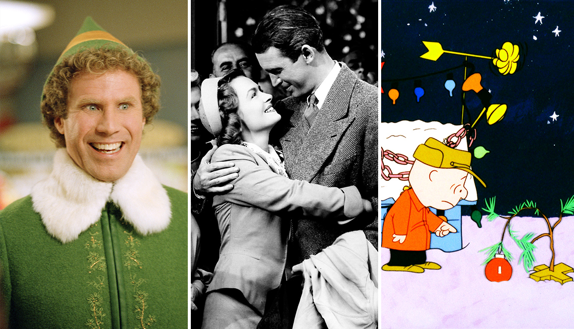 Will Ferrell smiling dressed as and elf, Donna Reed and Jimmy Stewart embracing, Charlie Brown and a sad Christmas tree