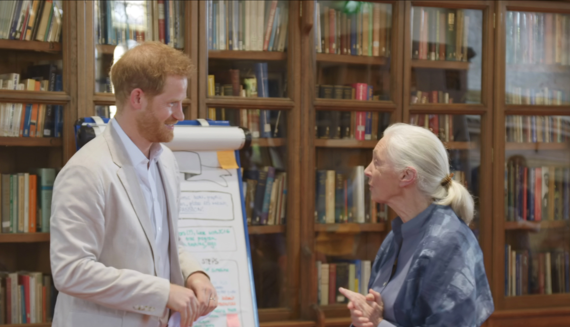 Doctora Jane Goodall y el príncipe Harry en el castillo de Windsor, 2019.