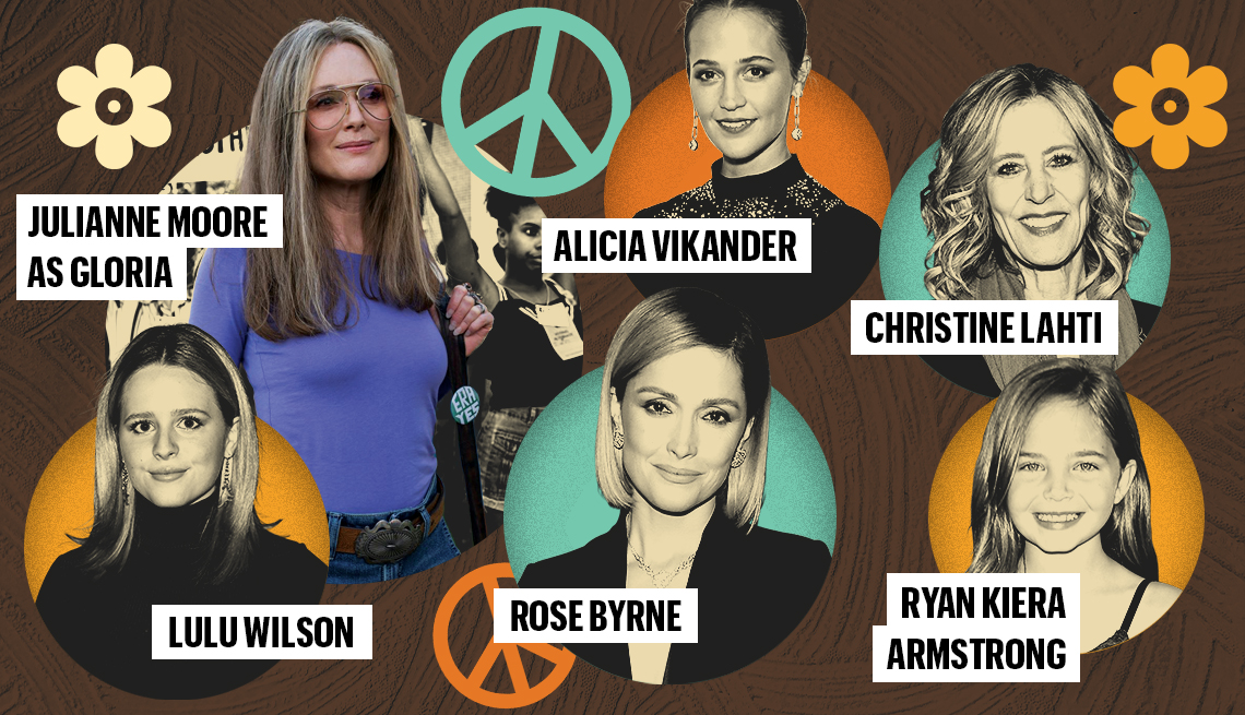 Actrices quienes interpretan a Gloria Steinem, (desde la izq.) Julianne Moore, Alicia Vikander, Christine Lahti, Ryan Kiera Armstrong, Rose Byrne, y Lulu Wilson