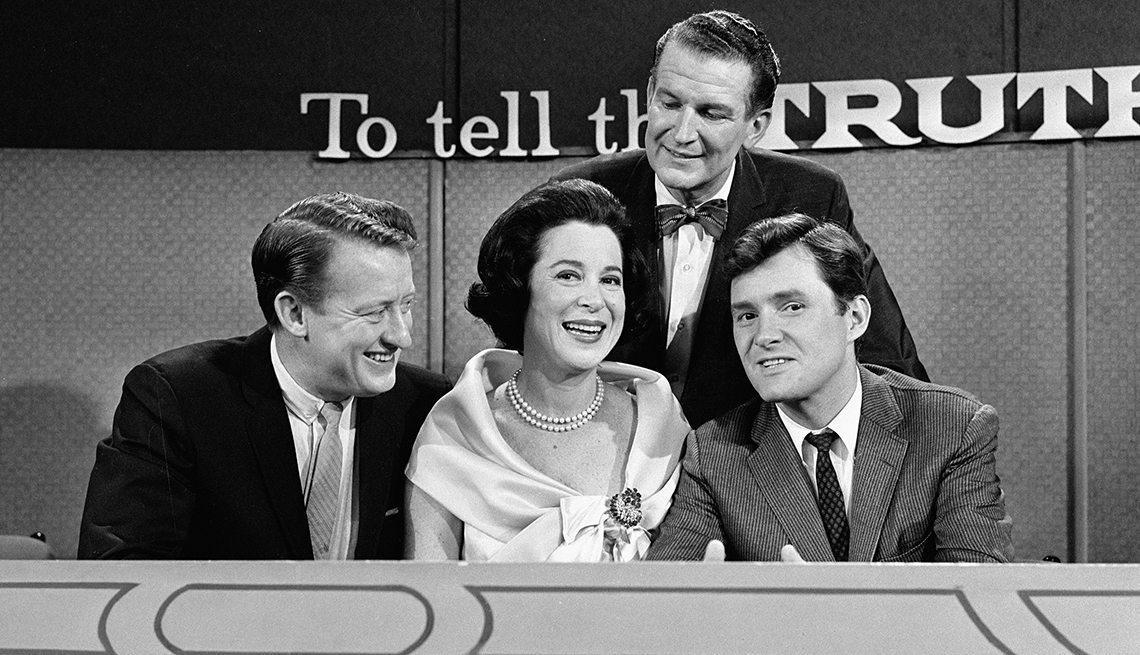 Actors Tom Poston, Kitty Carlisle and Orson Bean with host Bud Collyer on the set of To Tell the Truth