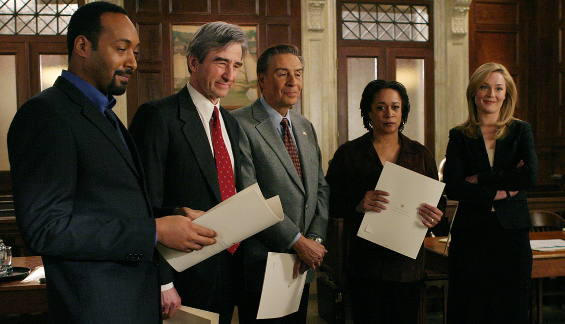 Jesse L. Martin, Sam Waterston, Jerry Orbach, S. Epatha Merkerson and Elisabeth Rohm in Law and Order