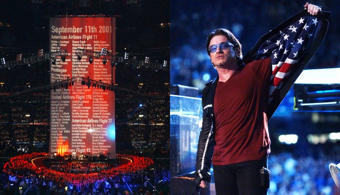 Names of the victims of the 9/11 attacks scroll up as U2 performs during the halftime show at Super Bowl XXXVI and Bono displays American flag lining in his jacket