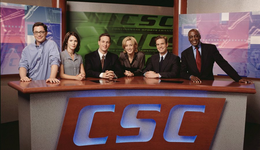 A cast photo of Joshua Malina, Sabrina Lloyd, Josh Charles, Felicity Huffman, Peter Krause and Robert Guillaume for the TV show Sports Night