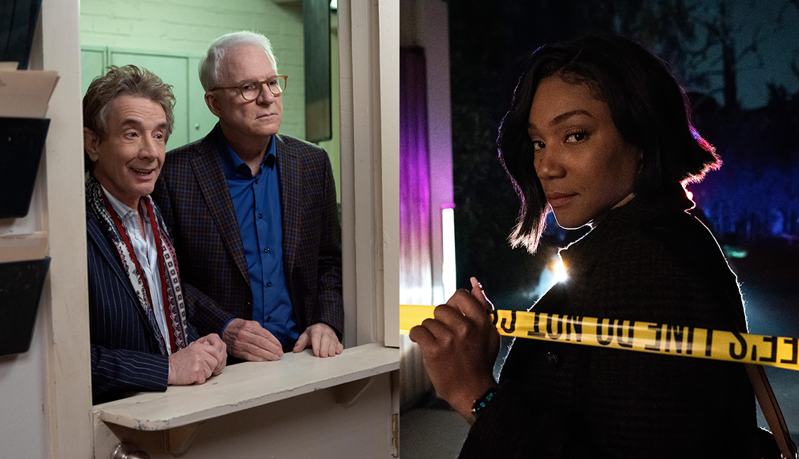 Martin Short and Steve Martin wait at a door window in Only Murders in the Building and Tiffany Haddish pulls on a line of police tape in The Afterparty