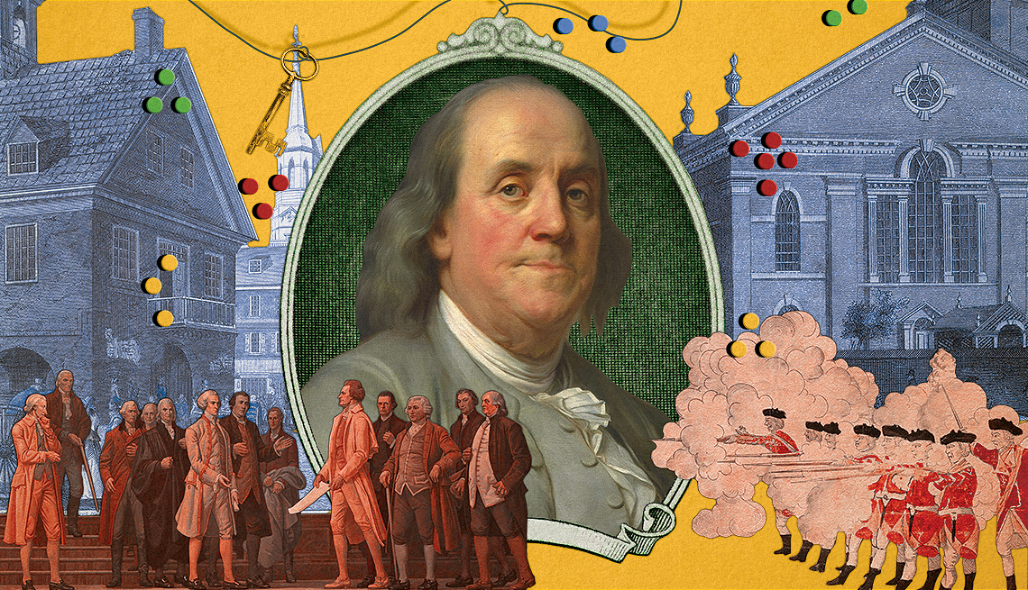 a collage featuring a painting of benjamin franklin alongside historic buildings and events