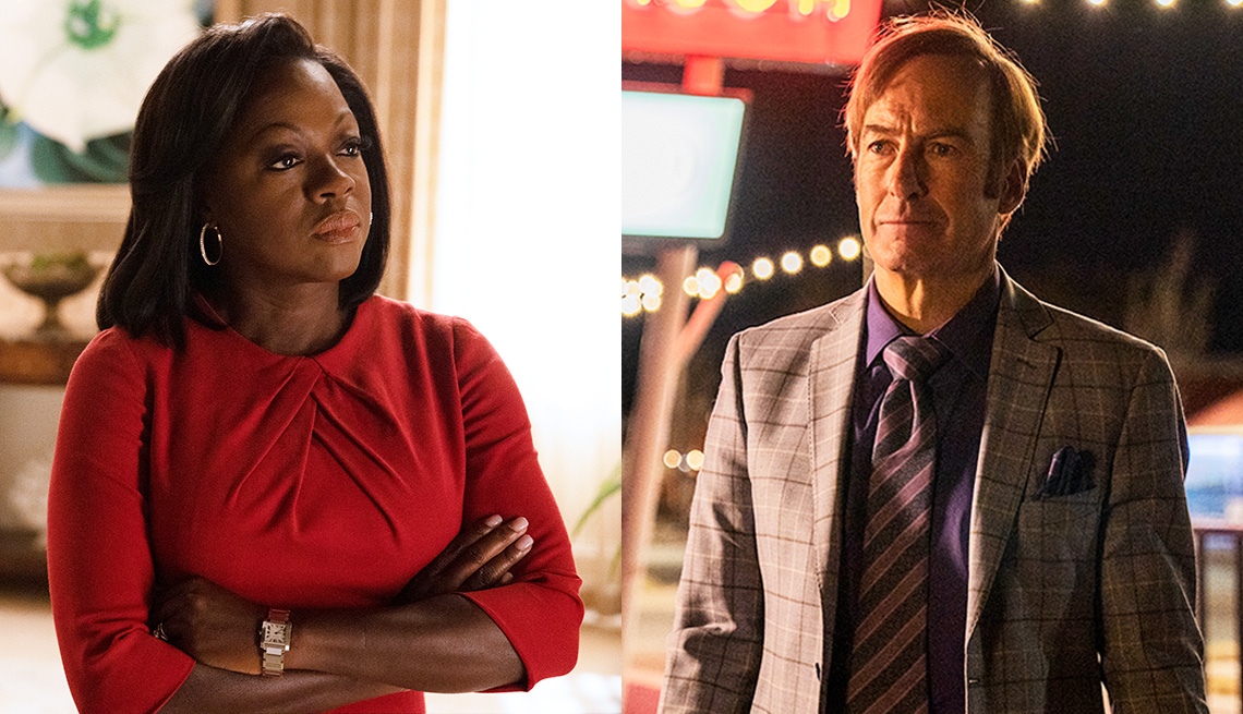 Viola Davis stands with her arms crossed in The First Lady and Bob Odenkirk in a scene from Better Call Saul
