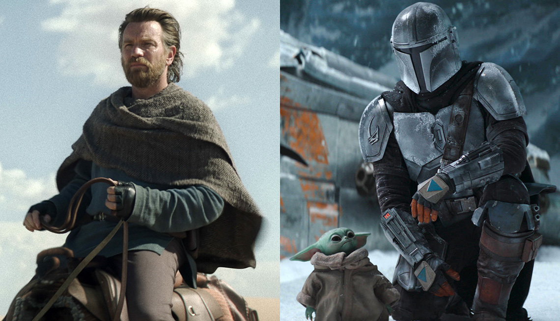 (De izquierda a derecha) Ewan McGregor en "Obi-Wan Kenobi", y el Niño y Pedro Pascal en "The Mandalorian".