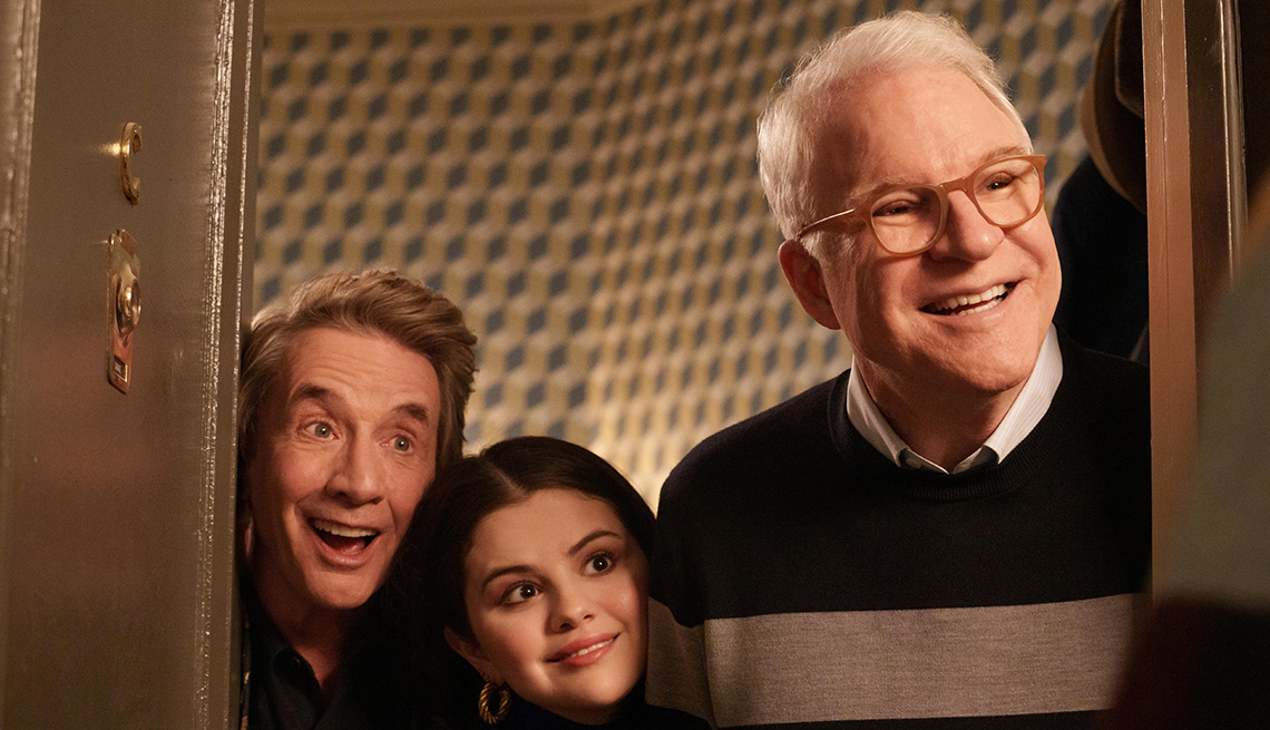 Martin Short, Selena Gomez and Steve Martin in a scene from Season 2 of Only Murders in the Building
