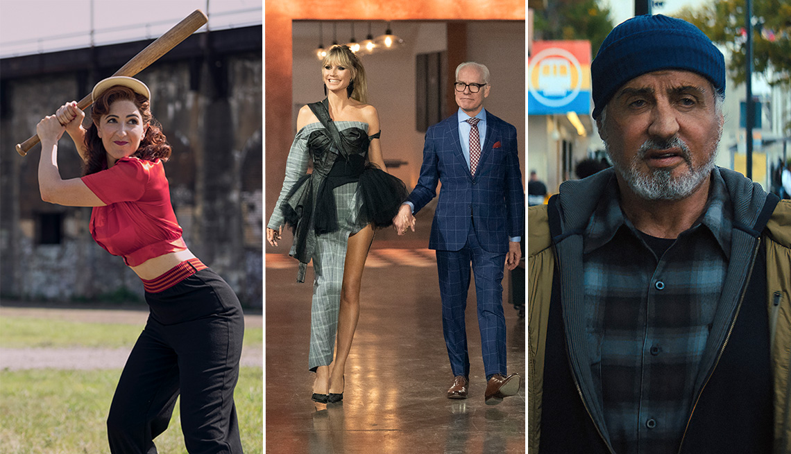 D'Arcy Carden with a baseball while at-bat at the plate in A League of Their Own; Heidi Klum and Tim Gunn walk out on the set of Season 3 of Making the Cut; Sylvester Stallone in a scene from the film Samaritan