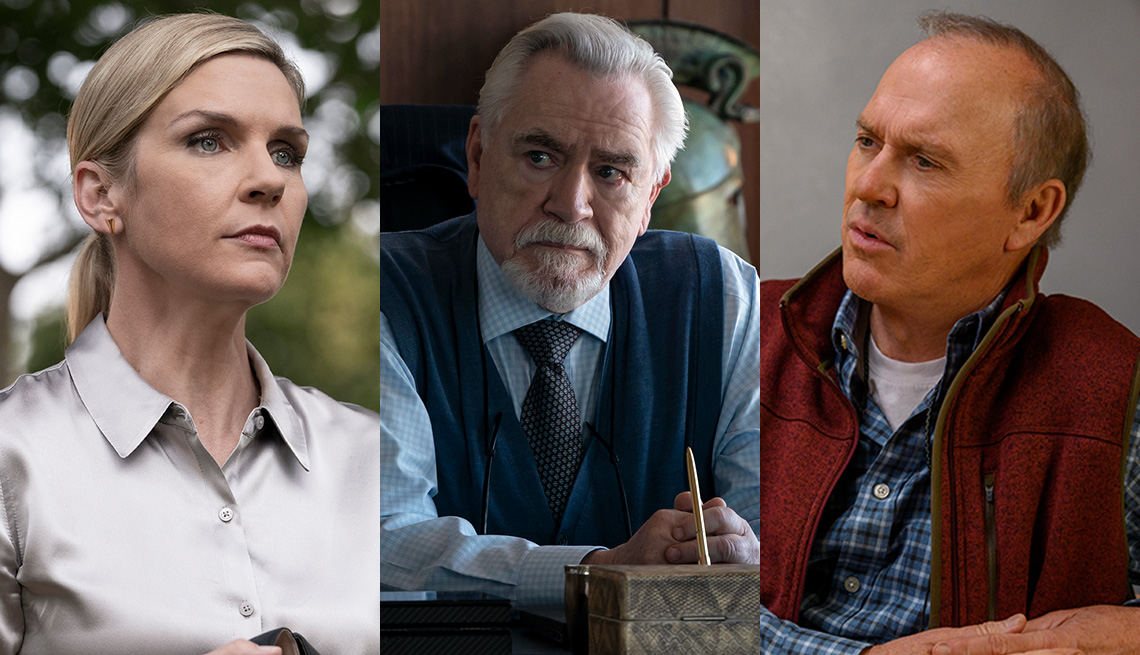 Rhea Seehorn as Kim Wexler in Better Call Saul, Brian Cox as Logan Roy in Succession and Michael Keaton as Doctor Samuel Finnix in Dopesick
