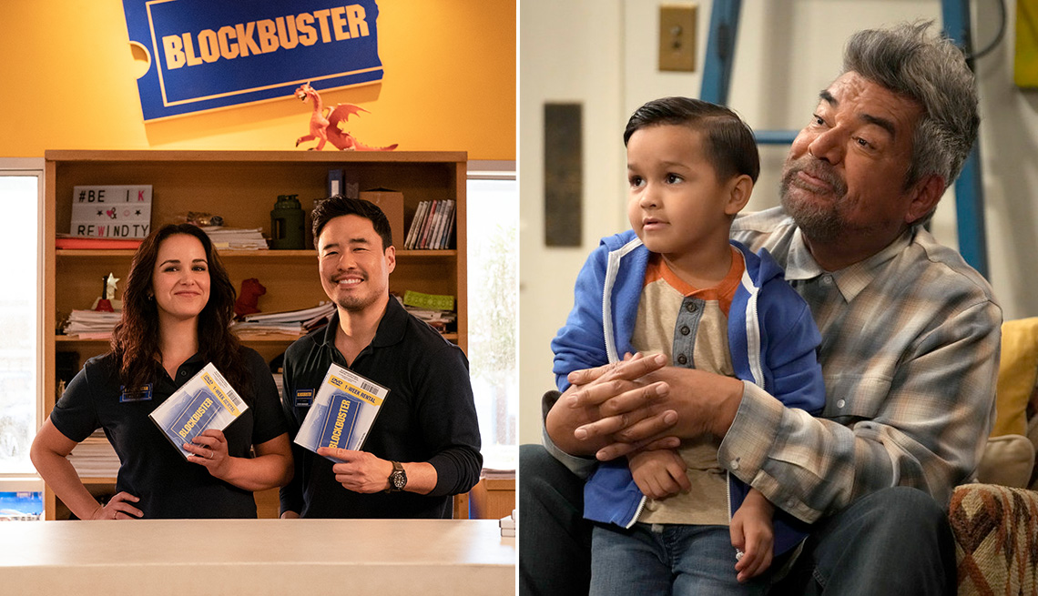 Melissa Fumero and Randall Park hold VHS boxes in the Netflix series Blockbuster and Brice Gonzalez and George Lopez in a scene from the NBC series Lopez vs Lopez