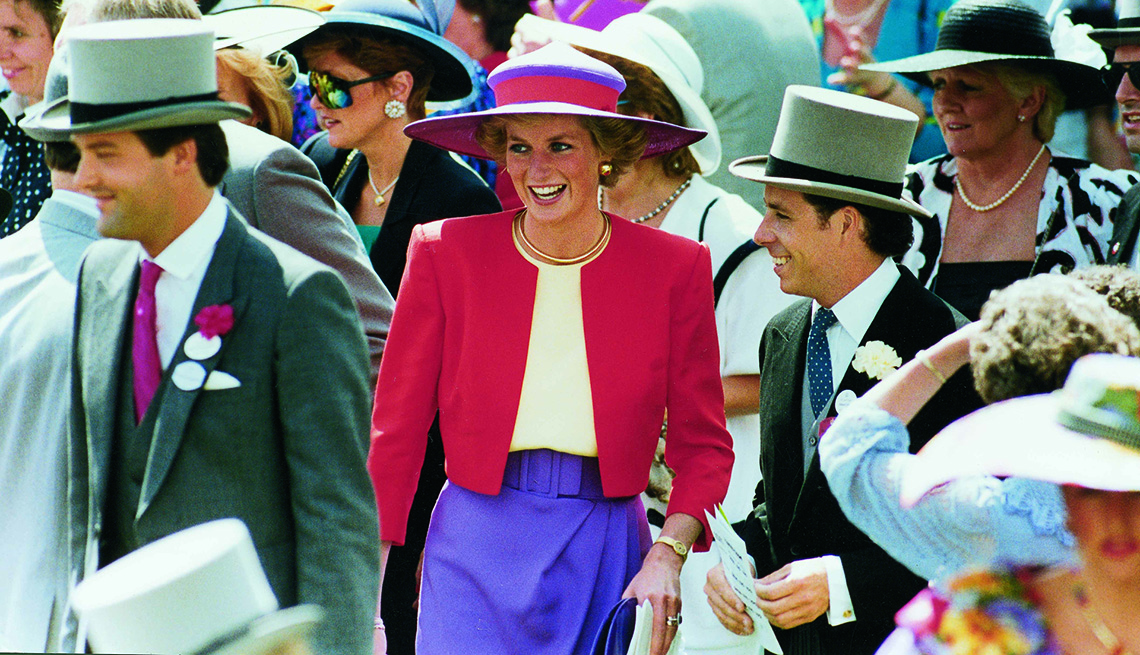 Princess Diana in a crowded group of people outside