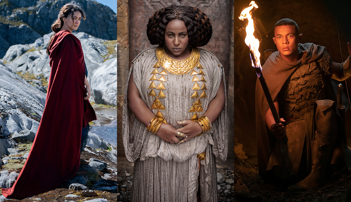 Nazanin Boniadi, Sophia Nomvete and Ismael Cruz Córdova in the Amazon Prime Video series The Lord of the Rings: The Rings of Power