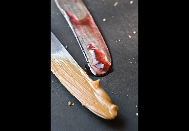 Knives with peanut butter and jelly, calorie dense foods