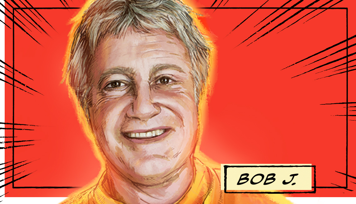 stylized image of Bob J. on a red background