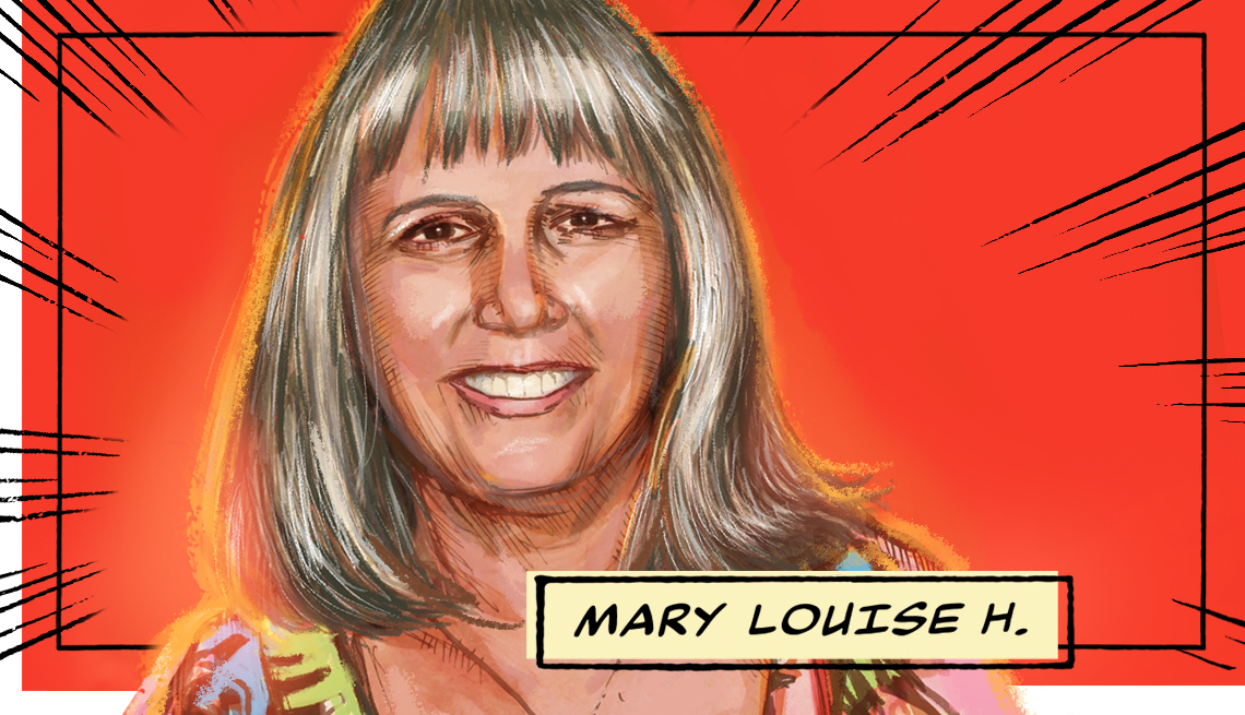 stylized image of Mary Louise H. on a red background